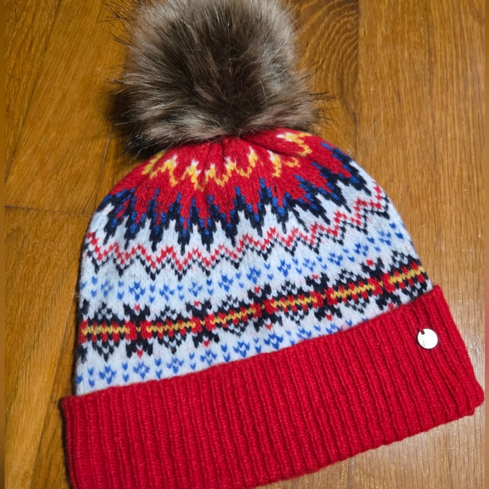 Joules Shetland Fair Isle Red and Blue Knit Pom-Pom Beanie